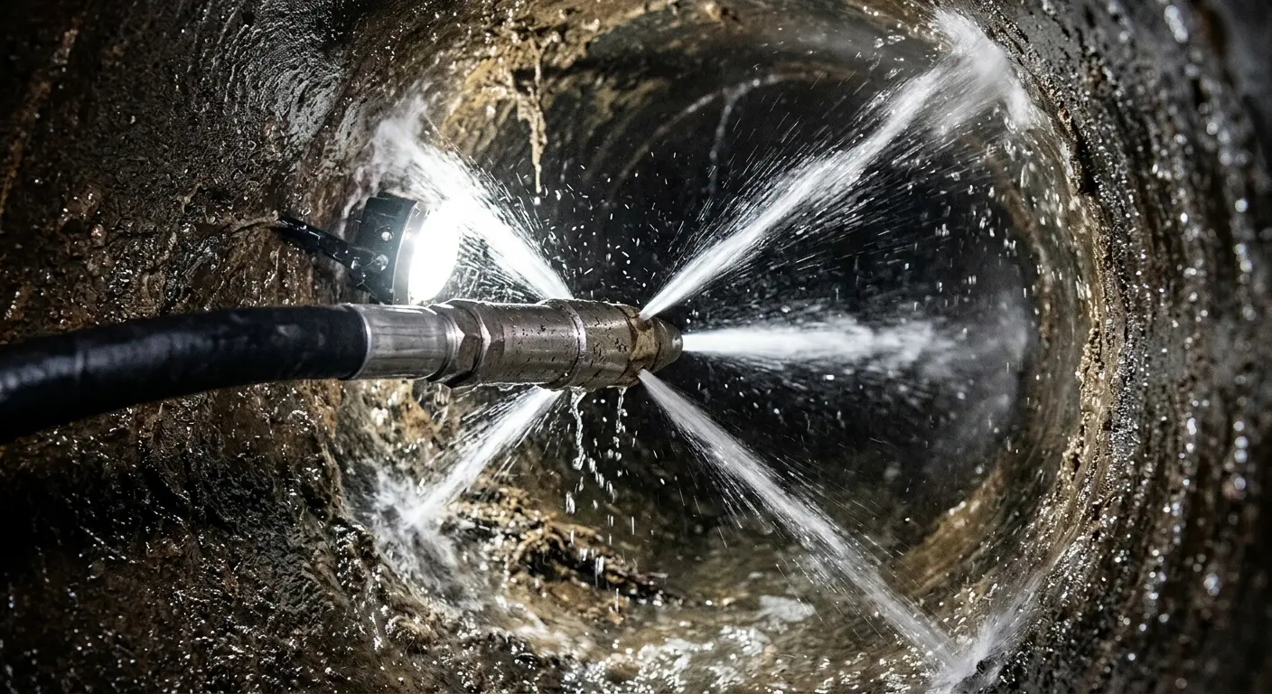 High-pressure hydro jetting nozzle cleaning sewer pipe for Storm Drain Cleaning in Pilot Point