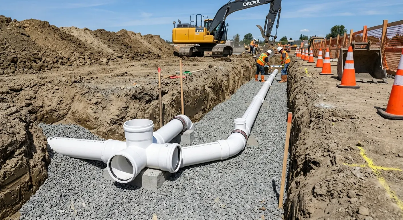 New PVC sewer pipe installation in open trench for Sewer Camera Inspection in Pilot Point
