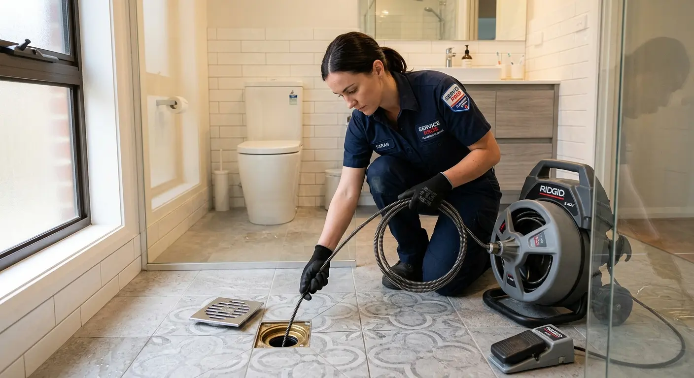 Technician clearing a bathroom floor drain for Drain Repair in Pilot Point